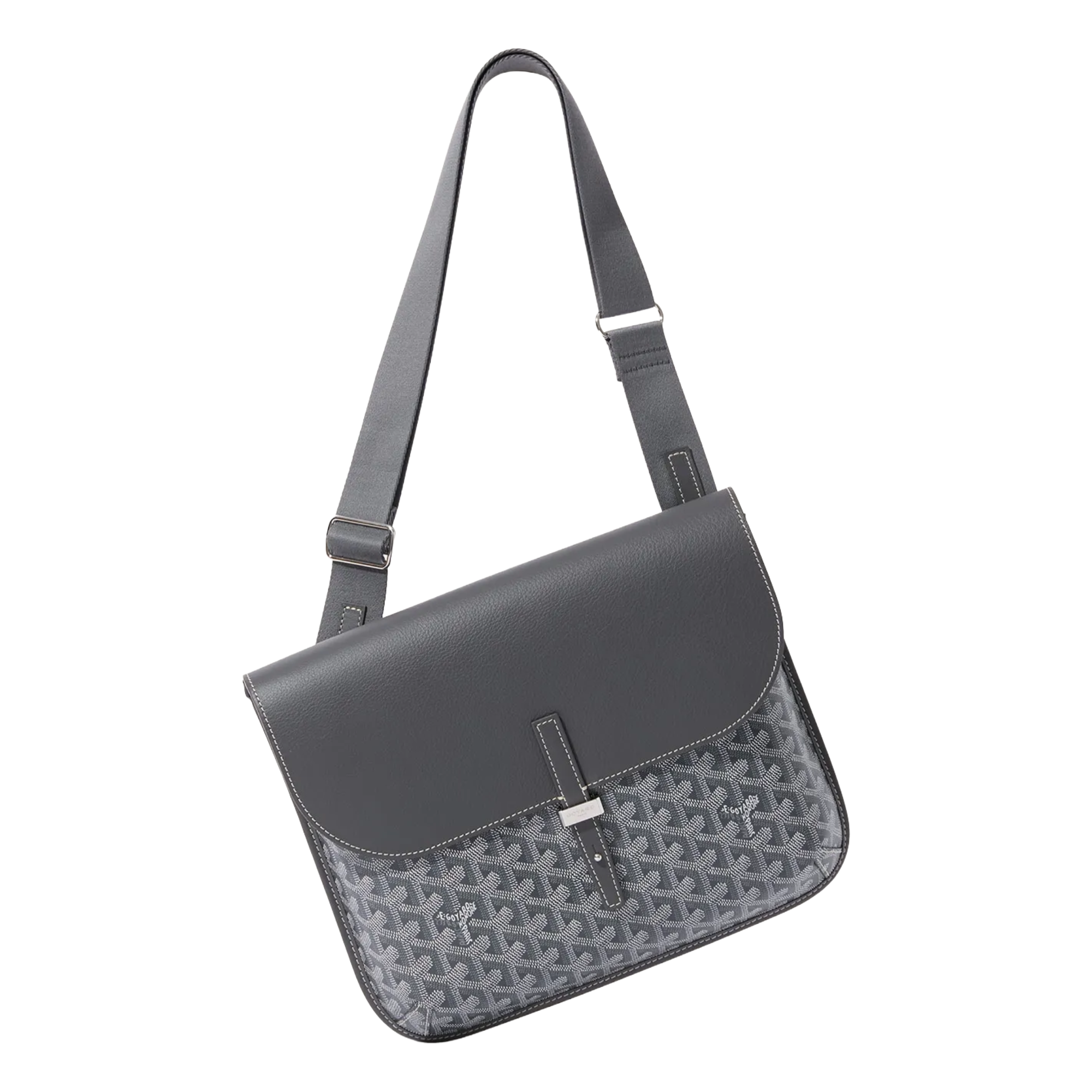 Angled view of Goyard Coursier Grey Messenger Bag highlighting sleek profile and adjustable strap.