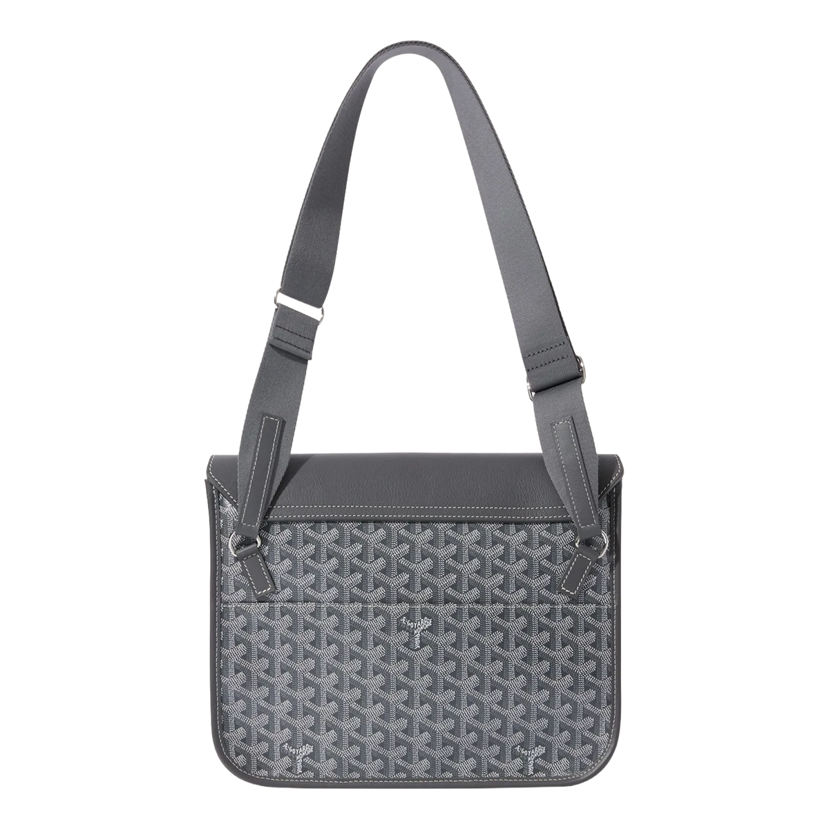 Back view of Goyard Coursier Grey Messenger Bag showing adjustable black shoulder strap and patterned canvas.