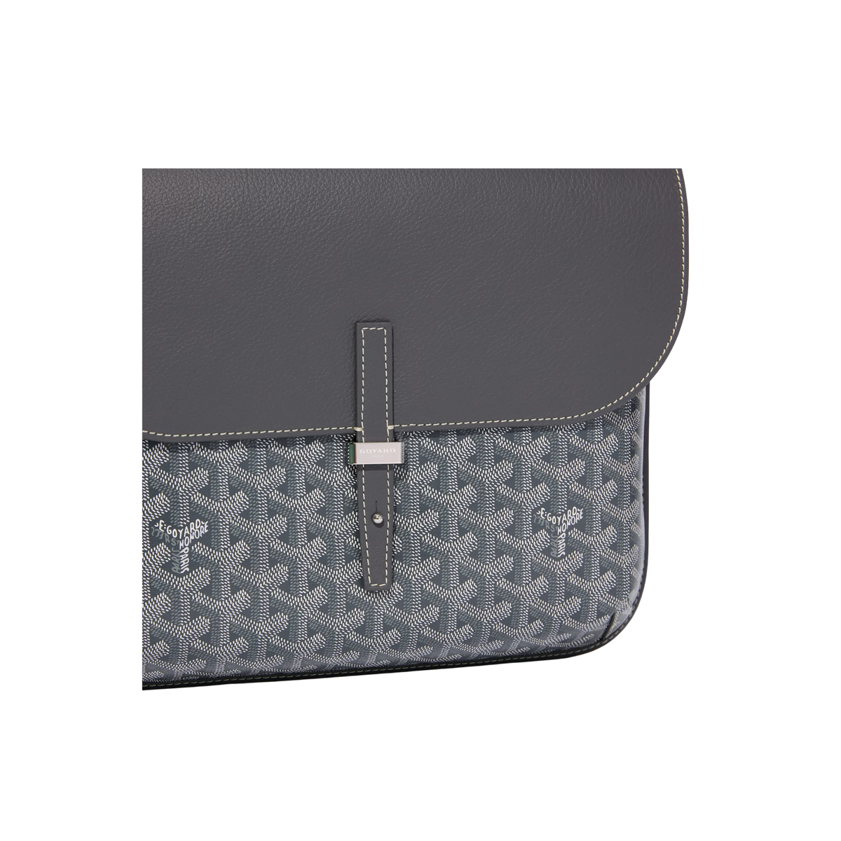 Front view of Grey Goyard Coursier Messenger Bag with signature Goyardine canvas and leather strap closure.
