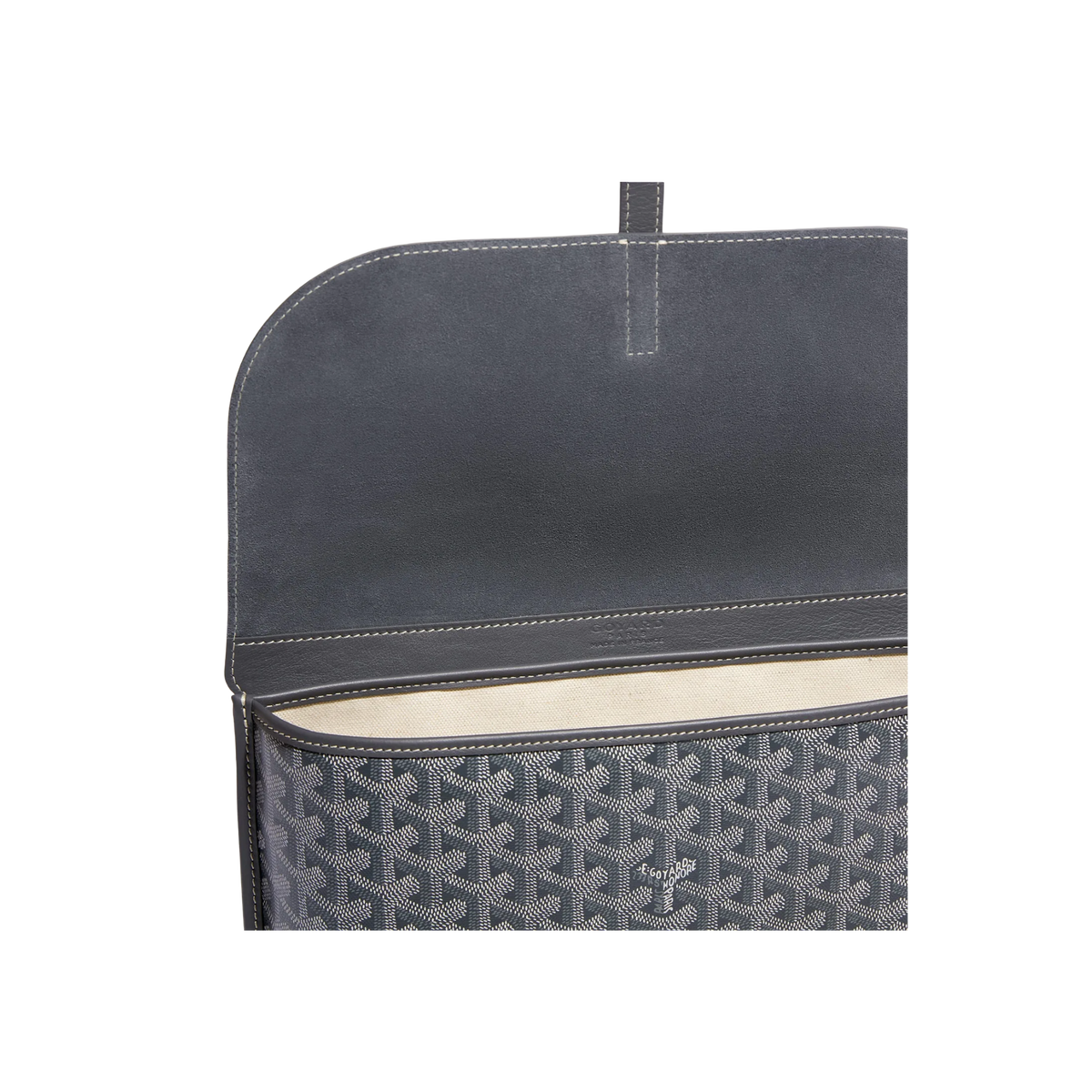 Open Goyard Coursier Messenger Bag in grey with visible beige interior and premium leather flap.