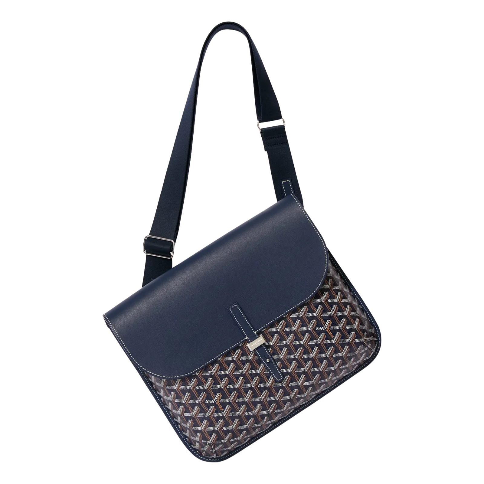 Angled view of Goyard Coursier Navy Blue Messenger Bag highlighting sleek profile and adjustable strap.