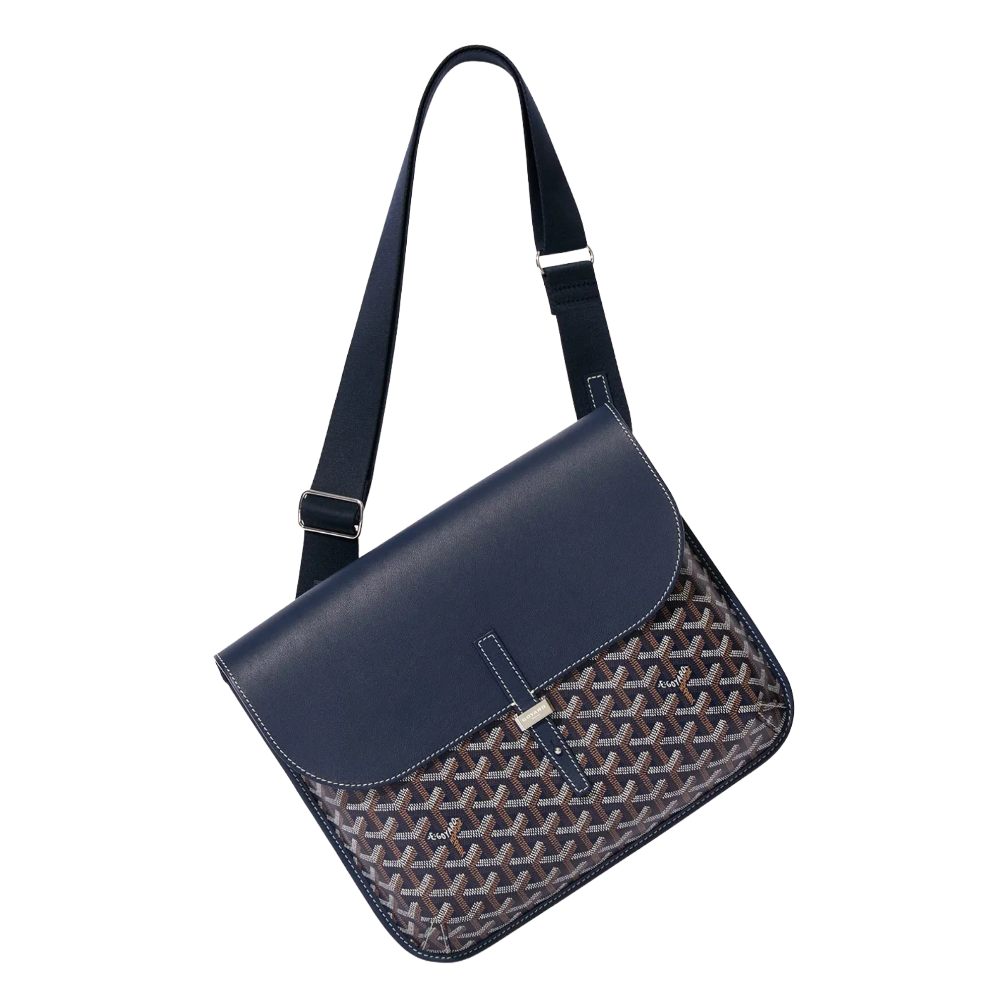 Angled view of Goyard Coursier Navy Blue Messenger Bag highlighting sleek profile and adjustable strap.