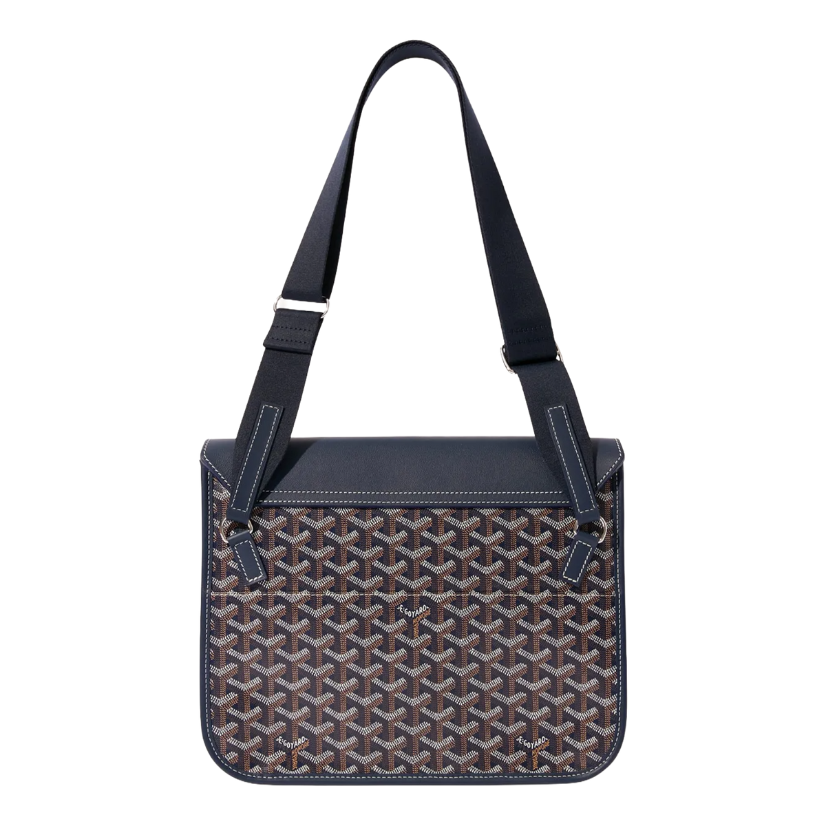 Back view of Goyard Coursier Navy Blue Messenger Bag showing adjustable black shoulder strap and patterned canvas.