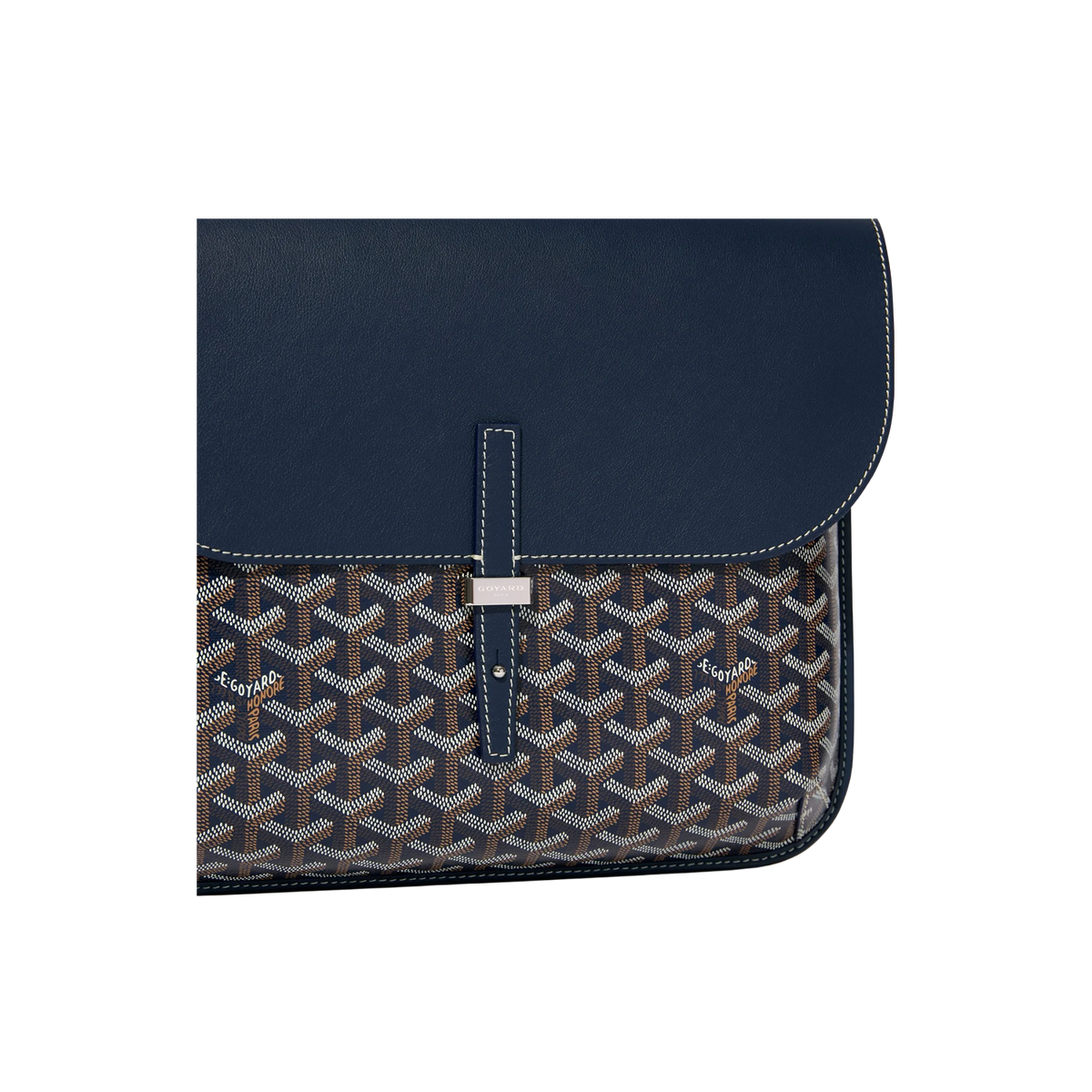 Back view of Goyard Coursier Navy Blue Messenger Bag showing adjustable black shoulder strap and patterned canvas.