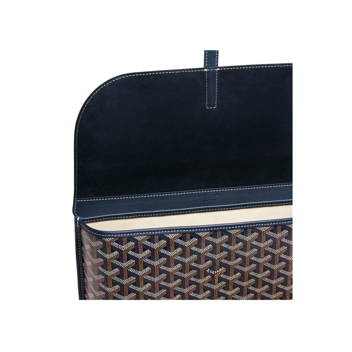 Open Goyard Coursier Navy Blue Messenger Bag in black with visible beige interior and premium leather flap.
